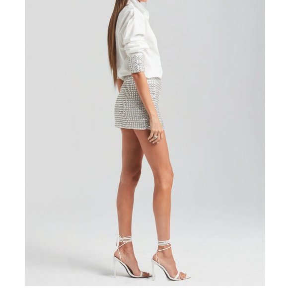 Silver Sequin Mini Skirt High Rise Clubwear Dancewear Stretchy Sizes S M L - Picture 10 of 13